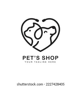 Pet Shop Logo. Veterinary clinic store icon label, hospital, shelter. dog and cat face design in heart in line art. vector icon