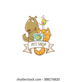 Pet shop logo.Cute cartoon dog, cat, parrot and aquarium fish.  Vector image.