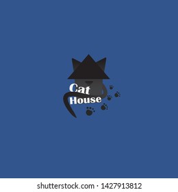 Pet shop logotype, creative logo for cats store, with black cat. Vector emblem for cats supplies of food, veterinary service or animal  house, cat shelter cute cartoon Kittie. 