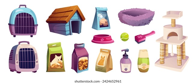Pet shop mega set in cartoon graphic design. Bundle elements of cats and dogs care items, carriers, kennel, foods, bowl, shampoo, toys, house with scratching post. Vector illustration isolated objects