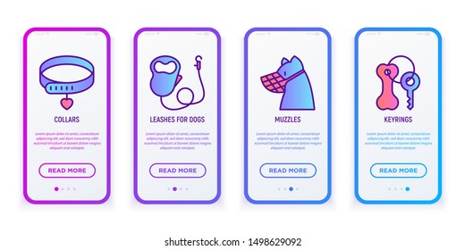 Pet shop mobile user interface. Dog collars, pet leash, muzzle, key ring thin line icons. Modern vector illustration.