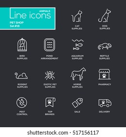 Pet Shop - modern vector simple thin line design icons and pictograms set - black background. Cat, dog, bird, aquarium, horse, pond, reptile, rodent, exotic, pharmacy, brands pest control delivery