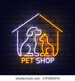 Pet shop neon sign. Glowing neon light signboard of dog and cat pet house. Sign of pet shop with colorful neon lights isolated on brick wall. Vector illustration