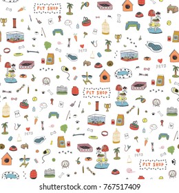 Pet shop objects cartoon doodle vector seamless pattern