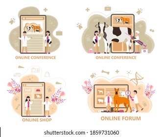 Pet shop online and application of store. Veterinarian concept vector set. Cat health care, vet online conference installation for website on laptop. Veterinary physician treatment illness creatures.