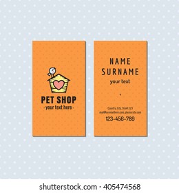 Pet shop orange vector business card. Cute multicolored logo with bird and house.