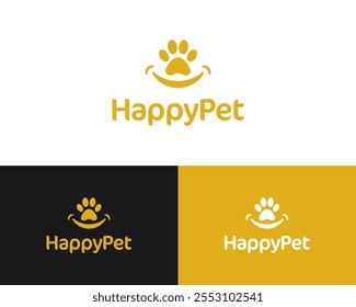 Animais de estimação Paw Animal Clinic Veterinária Cuidado Feliz Sorriso Engraçado Vetor Logo Design Ilustração