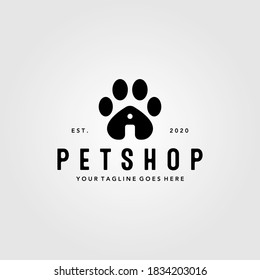 pet shop paw logo vector illustration design, vintage pet house creative logo design