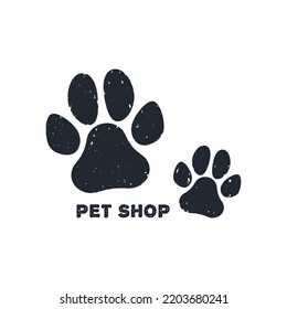 Pet shop paws drawing concept pet store logo. Two paws grunge black textured footprint vector illustration. Vector design concept for your pet store and other design.