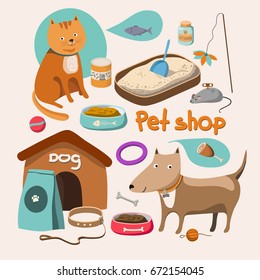 Pet shop. Pets accessories. Vector illustration.