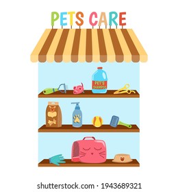 Pet shop with pets care accessories. Collection of isolated pets elements. Various pet supplies. Vector illustration.