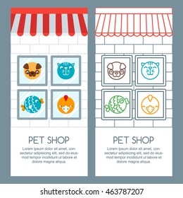 Pet shop, pets care, veterinary concept. Vector banner, poster or flyer template. Pets icons, label design elements. Goods for animals. Shop background with cat and dog in the window.