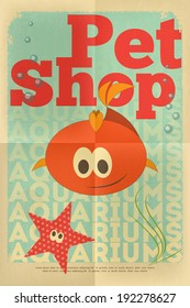 Pet Shop Poster with Aquarium Fish  in Retro Style. Vector Illustration.