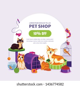 Pet shop poster or banner design template. Vector cartoon illustration of cats, dogs, aquarium fish and canary. Animal food, accessories and toys store. Discount or sale coupon concept.