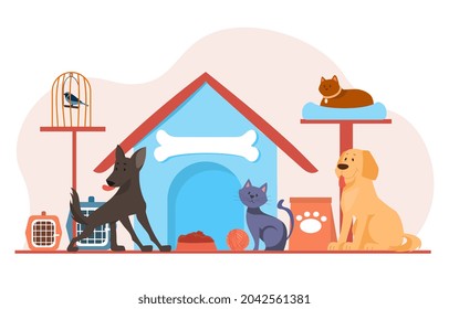 Pet shop poster concept. Banner with dogs, cats, birds, booths, food and bowls. Products for animals. Template for website and printing. Cartoon flat vector illustration isolated on white background