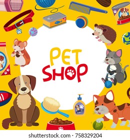 Pet shop poster design with many pets and accessories illustration