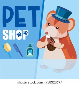 Pet shop poster with hamster eating nut illustration