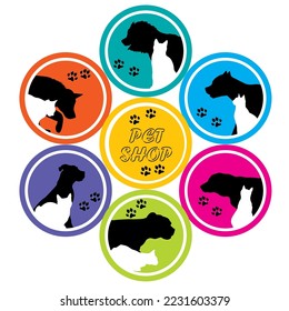 Pet shop poster with silhouettes of different dogs and cats in colored circles