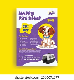 Tienda de mascotas imprimir folleto o póster Plantilla, médico veterinario clínica imprimir folleto o póster Plantilla, aseo de mascotas, clínica de mascotas folleto y diseño de la cubierta del folleto y con la Ilustración vectorial del gato y del perro 