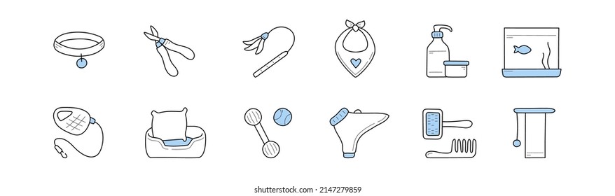 Pet shop production doodle icons animal collar, scissors, cat toy and bandana. Fish, cosmetics bottles, leash, mat with pillow, clothes and comb with scratching post isolated Linear vector signs set