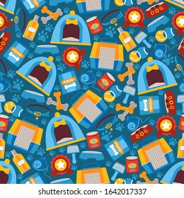 Pet shop products seamless pattern, dog care icons vector illustration. Wrapping paper for pet store, items for domestic animals in flat style. Food and toys for dogs, transport box, indoor doghouse