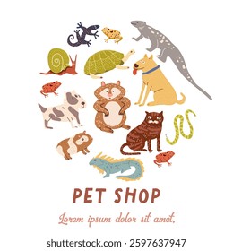 Pet shop round composition with different animals on white background . Vector hand drawn illustration isolated on white.