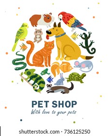 Pet shop round composition with various animals on white background with colorful spots vector illustration