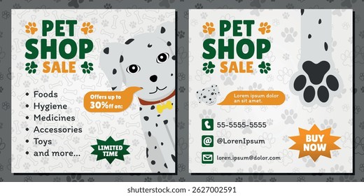 Pet Shop Sale AD - Square Shape. 2 Image Layouts with Logo, Dalmatian Dog Mascot and Different White Backgrounds. Offers up to 30% off.