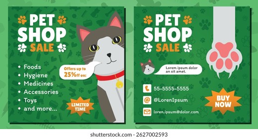 Pet Shop Sale AD - Square Shape. 2 Image Layouts with Logo, Street Cat Mascot and Different Green Backgrounds. Offers up to 25% off.