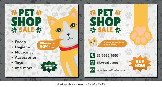 Pet Shop Sale AD - Square Shape. 2 Image Layouts with Logo, Orange Cat Mascot and Different White Backgrounds. Offers up to 50% off.