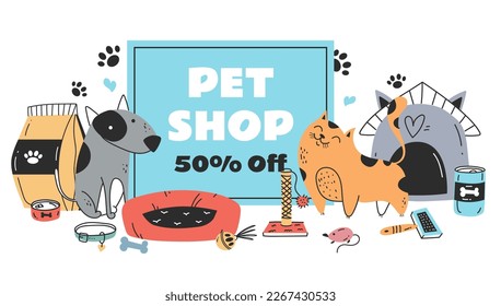 Pet shop sale discount banner poster concept. Animal pets zoo store with food, toys. Vector graphic design illustration element 