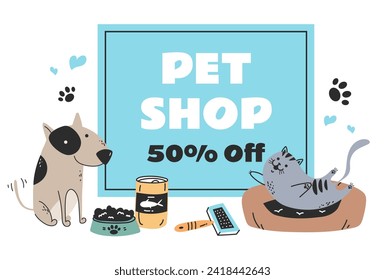 Pet shop sale discount banner poster concept. Animal pets zoo store with food, toys. Vector graphic design illustration element