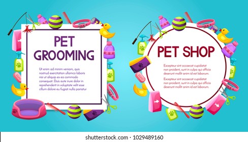 Pet shop sale square and round vector banner with shadow,poster design on colorful background with animal grooming accesories, pet store,market concept.