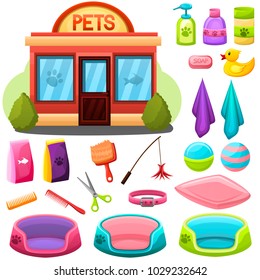 Pet shop or salon objects set and facade building. Grooming items,toys and food for pets.Accessories for animals.Animal store,marketing concept design. Vector illustration