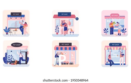 Pet shop scenes set, awning with domestic animals accessories, store indoors, veterinarian market