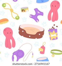 Patrón sin costuras de la tienda del animal doméstico. Juguetes y accesorios para animales, comida en lata y bolsa de plástico. Cama suave para perro, collar y cuenco. Fondo de Vector picante