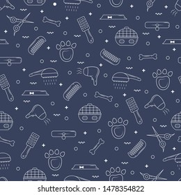 Pet shop seamless pattern. Line vector background for dog grooming. Template for veterinary store design in outline.