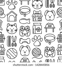 Pet shop seamless pattern with thin line icons: cat, dog, collar, kennel, grooming, food, toys. Modern vector illustration.