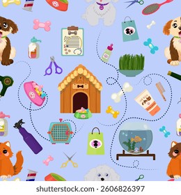  Pet shop seamless Pattern. Veterinary shop supplies. Pet care, accessories for cats, dogs. Hand drawn Vector illustration