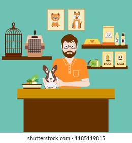 Pet shop seller at a counter in a store opposite shelves with Rabbit in hutch. Flat vector illustration.  Accessories for animals care, food, cage, etc.  Pet shop concept.