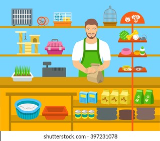 Pet Shop Seller At A Counter In A Store Opposite Shelves With Pets Goods. Flat Vector Illustration. Small Business Owner At Work Concept. Accessories For Animals Care, Food, Cage, Collars, Etc. 