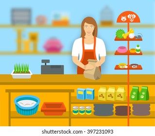 Pet shop seller at a counter in a store opposite shelves with pets goods. Flat vector illustration. Small business owner at work concept. Accessories for animals care, food, cage, collars, etc. 