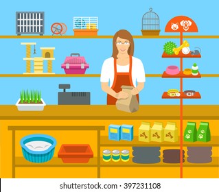 Pet Shop Seller At A Counter In A Store Opposite Shelves With Pets Goods. Flat Vector Illustration. Small Business Owner At Work Concept. Accessories For Animals Care, Food, Cage, Collars, Etc. 