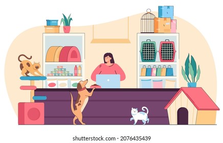 Pet shop seller selling vet goods for animals. Woman standing behind counter inside store near accessories and toys, cage and food on shelves flat vector illustration. Small retail pet shop concept