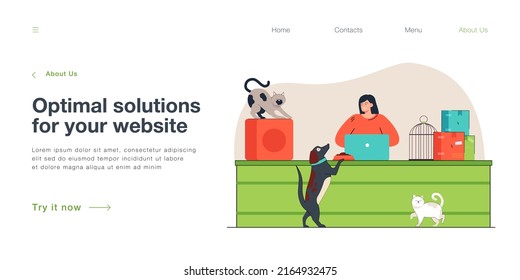 Pet shop seller selling vet goods for animals. Woman standing behind counter inside store near accessories and toys, cage and food on shelves flat vector illustration. Small retail pet shop concept