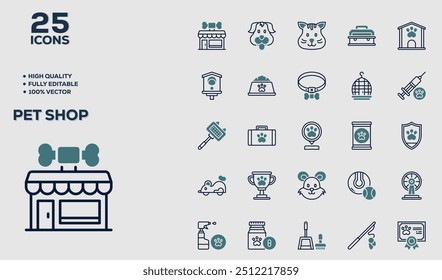 Pet Shop set of 25 outline icons related to Fitness. Linear icon collection. Editable stroke. Vector illustration