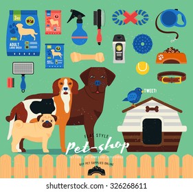 Pet shop set. Collection of grooming icons set. Vector dog care template.  Flat  illustration of domestic animals. Accessories, toys, goods for care of pets. Stylized dog breed: pug, labrador, beagle 
