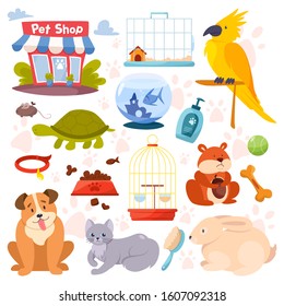 Pet shop set. Cute domestic animals. Food and toy in the store. Pet care. Vector flat illustration