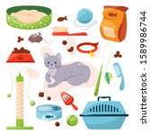 Pet shop set with different goods for cats. Food and toy for domestic pet in the store. Kiten care. Isolated flat vector illustration