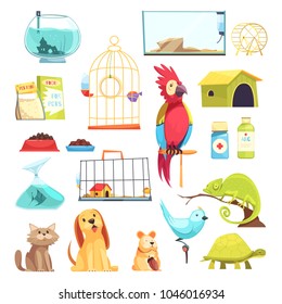 Pet shop set with domestic animals, dry feed, medicines, cages and aquariums isolated vector illustration 